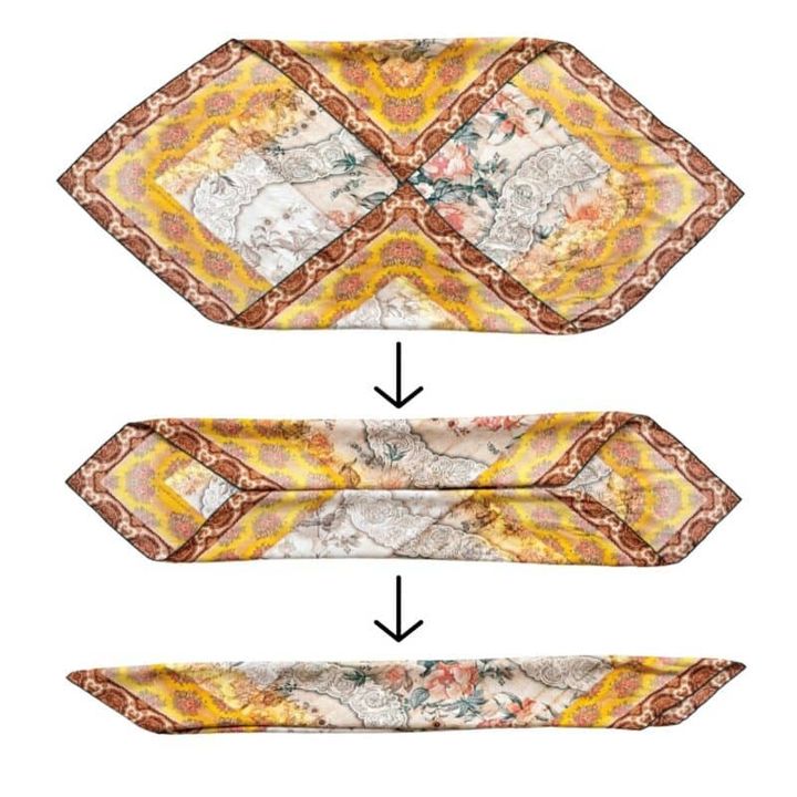 【大判スカーフのたたみ方】スカーフの端と端をセンターで合わせるように折り、さらにセンターで合わせるように折ります。もう一度センターで折って左右を合わせたら、ターバン風のスカーフが完成！