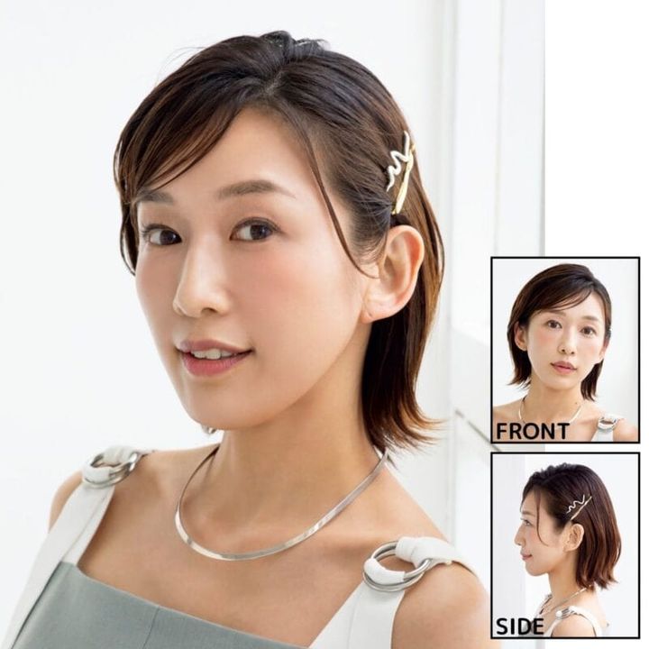 ジュエリー感覚でおしゃれを盛れる！リッチ感のある飾りピンが素敵。シルバークリップ1万6500円（プリュイ／プリュイ トウキョウ） ゴールドヘアピン（２本セット）1650円（アネモネ／サンポークリエイト） ワンピース4万2900円（ブランベール／ウールン商会） チョーカー2万6400円（ジャミレイ／エルディスト ショールーム）