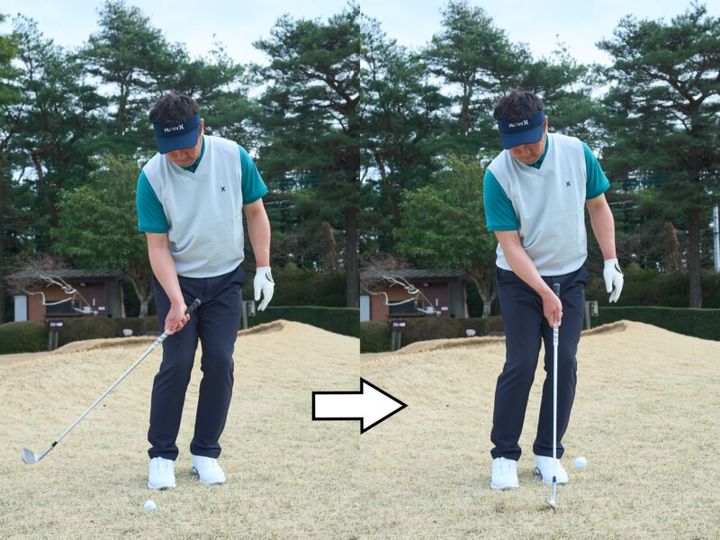 ミスが出ない“正しいアプローチの構え方”！右手1本で打てる位置にボールを置く