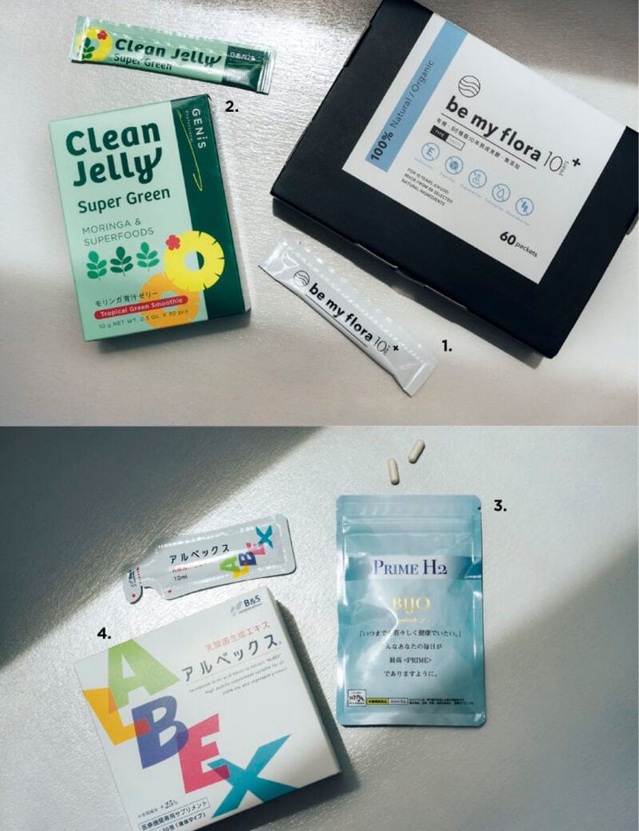 1_ビーマイフローラ 10年熟成酵素＋ 10g×60包 ¥19,500（アールイーサロン） 2_クリーンゼリー 10g×30本 ¥4,900（エレベート） 3_プライムH2 60粒 ¥12,960（E.MIRAI） 4_アルベックス 10mL×30包 ¥8,640〈医療機関専売品〉（ビーアンドエス・コーポレーション）