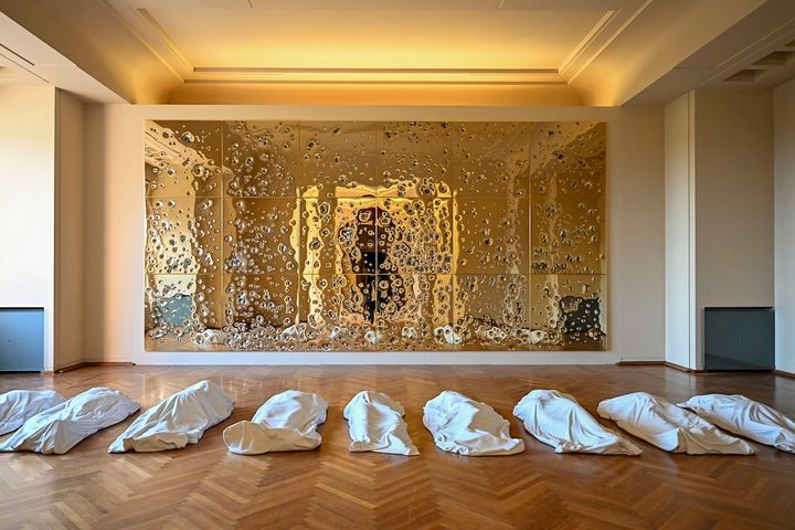 高さ約5メートル、幅約21メートルの24金メッキのパネルにブルックリンの射撃場で6種類の銃器を使って2万発以上の銃弾が実際に撃ち込まれた『Sunday』2024年（奥）白いカッラーラ大理石でできた9体の死体袋のような彫刻『All』2007年は死が万人に訪れるものであることを示唆している（手前）。© nvstudio