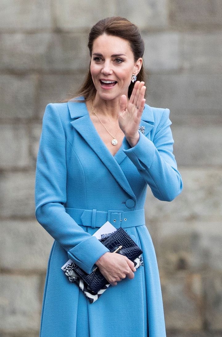 Britain's Catherine, Duchess of Cambridge waves during a Beating of the Retreat at Holyroodhouse Palace in Edinburgh, Scotland, Britain May 27, 2021. Jane Barlow/PA Wire/Pool via REUTERS