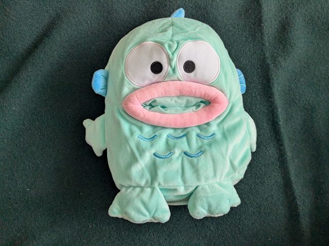 ハンギョドンの全体デザインが分かる正面写真。大きな目とピンクの口、うろこ刺繍が特徴