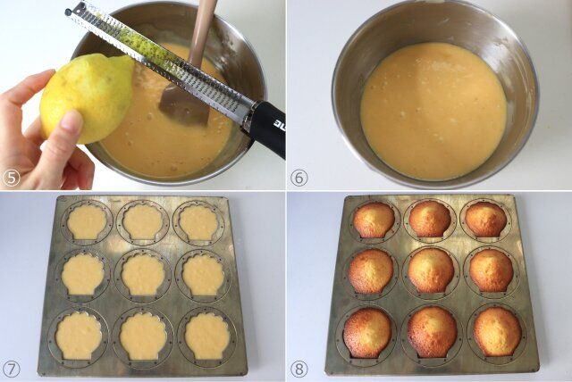 マドレーヌの生地作り レモンの表皮を削って加える 生地を型に入れ焼く