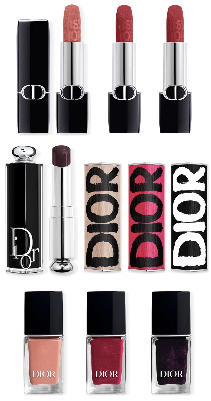〈上左から〉ルージュ ディオール 100V、720V、781 各￥6,270 〈中左から〉ディオール アディクト リップスティック 790 ￥5,720 ディオール アディクト クチュール リップスティック ケース ワイルド ベージュ、ショッキング ピンク、ボールド ブラック 各￥5,280 〈下左から〉ディオール ヴェルニ 321、580、908、各￥4,620（すべて9月5日発売予定）