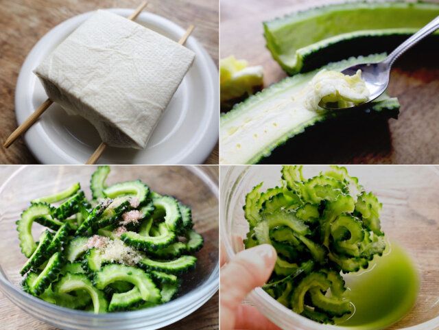 絹豆腐は水を切り、ゴーヤは中の綿を取り2～3mmの幅に切る