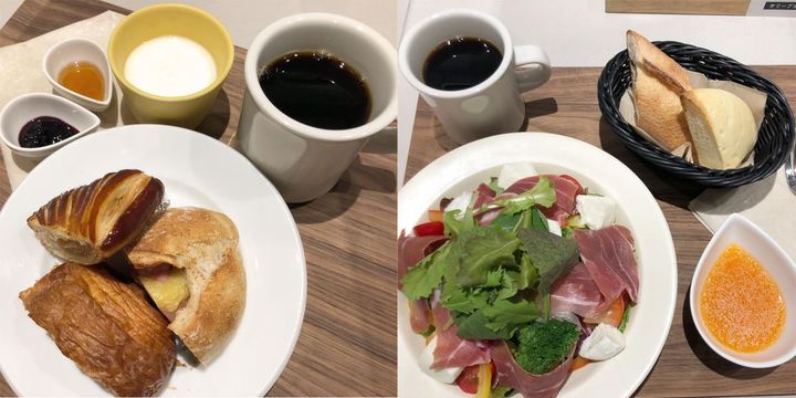 （写真左）モーニングセット（8〜11時） 500円 （右）本日のサラダランチ（11〜15時） 1080円