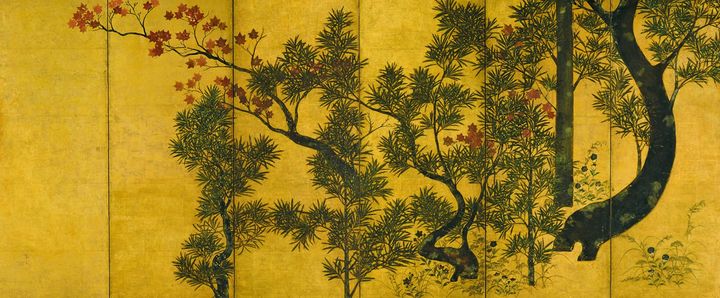 伝 俵屋宗達《槙楓図》17世紀（江戸時代）紙本金地・彩色 山種美術館