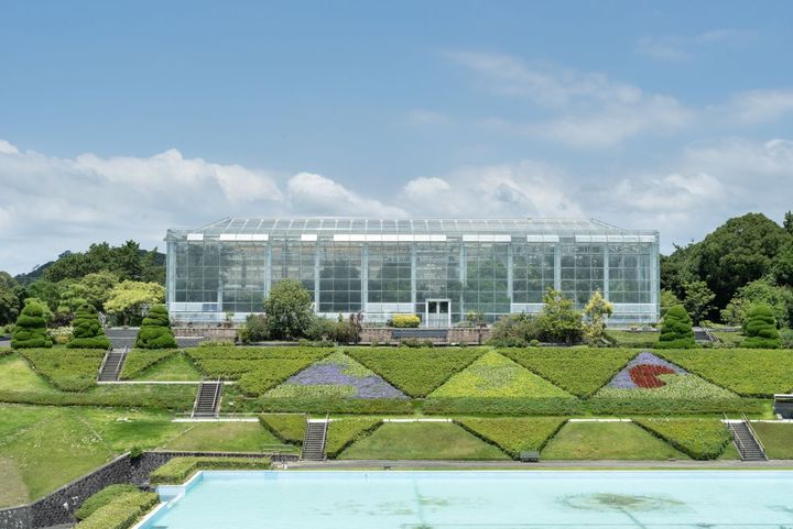 エントランスを通り抜け進むと、大温室「クリスタルパレス」が見える