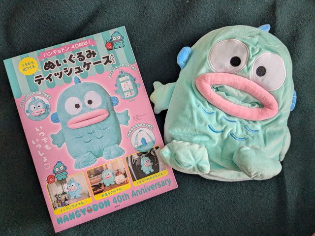 ハンギョドンぬいぐるみティッシュケースとパッケージ表紙の並び写真