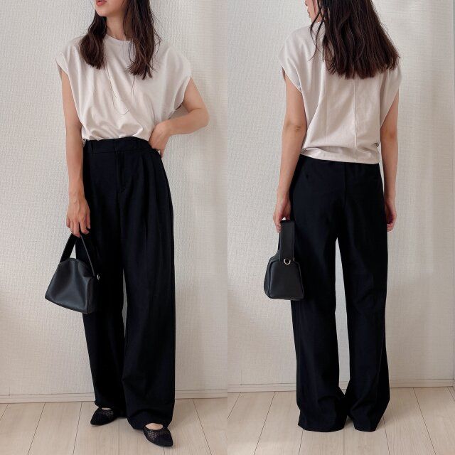 タックワイドパンツできれいめに