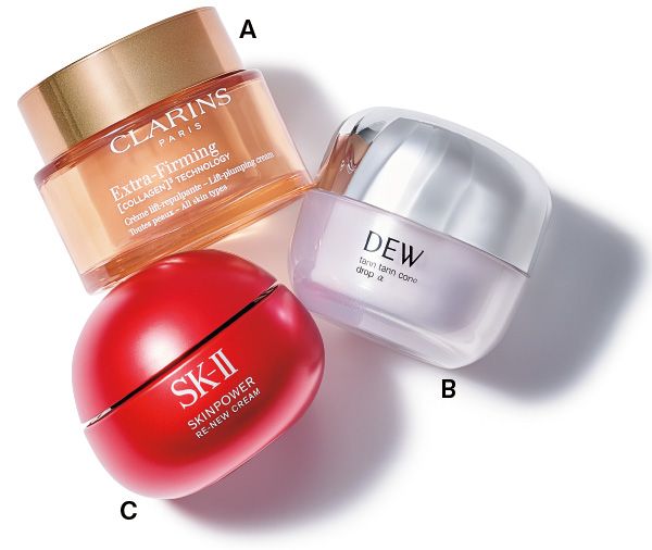 【A】ファーミング EX クリーム オールスキン 【B】DEW タンタンコンクドロップα 【C】スキンパワー リニュー クリーム