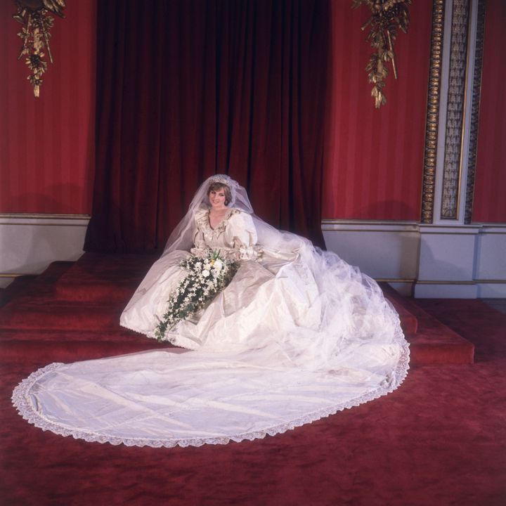Image may contain_ Diana, Princess of Wales, Clothing, Dress, Fashion, Formal Wear, Gown, Wedding, Wedding Gown, and Adult