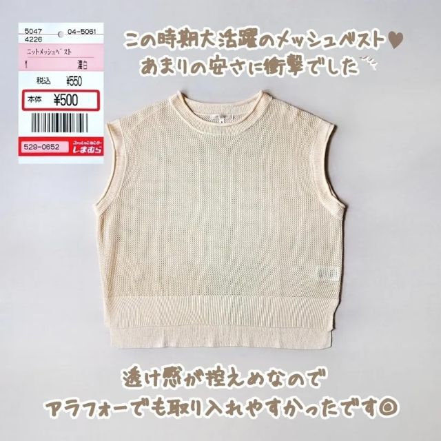ベージュのニットメッシュベスト