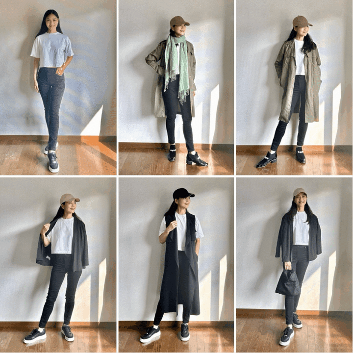 Tシャツ&スキニーデニムの、中間服着回しコーデ