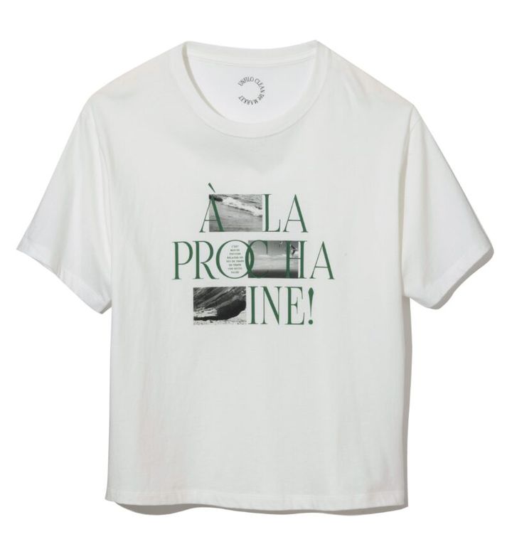 “また今度ね！”のメッセージのカラーロゴと写真がグラフィカルなハーモニー。ソフトな肌触りのコットン100%。3990円（アンフィーロ／オンワード樫山）