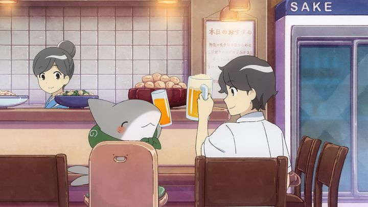 子ザメちゃんと居酒屋で乾杯をするシーン
