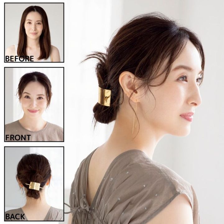 サクッとまとめたお団子ヘアは ヘアアクセを使ってクールエレガントに。マジェステ1万7160円（フランス ラックス／ピーアンドティートレーディング） ブラウス1万5400円（ルージュ・ヴィフ・アンナ／アバハウスインターナショナル オンラインストア） ピアス10万2300円（マリハ）