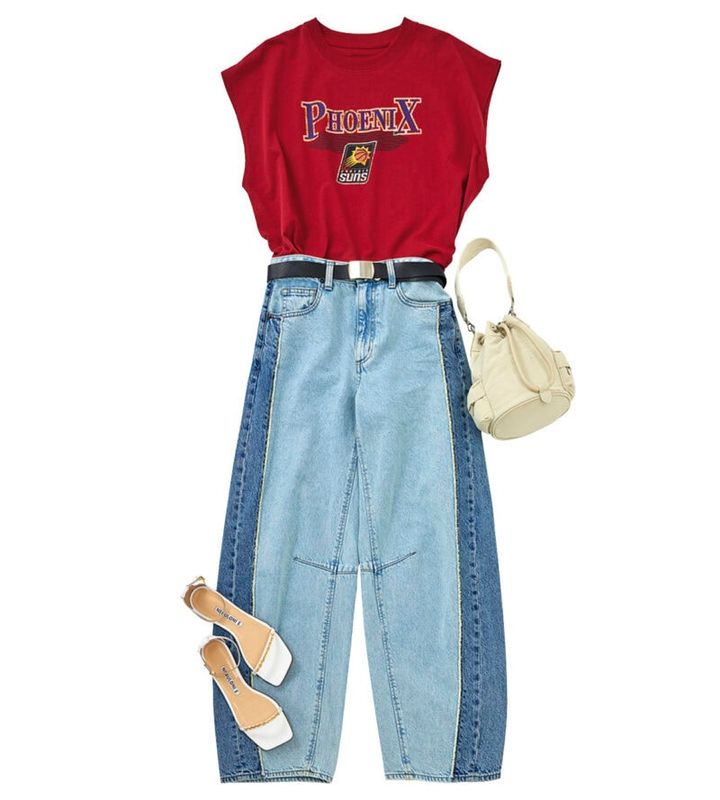 Tシャツ￥6,930（アウトドアプロダクツ／アウトドアプロダクツユージュアル シングス 中目黒） ベルト¥9,900（ウィム ガゼット／ウィム ガゼット ルミネ新宿店） バッグ¥5,290（ザラ／ザラ カスタマーサービス） ストラップサンダル¥66,000（ネブローニ）