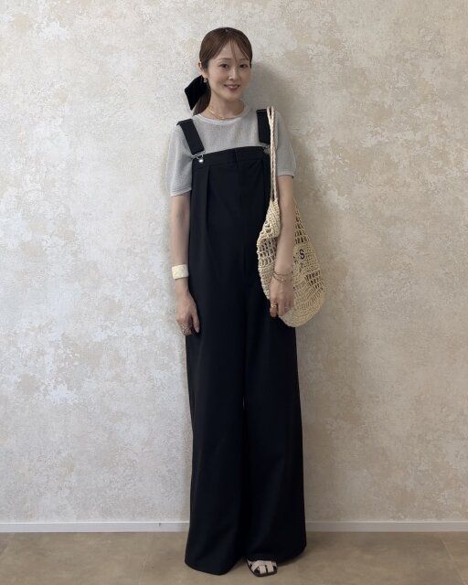 着回しコーデ②ラメ×サロペで甘さ控えめ、夏の大人可愛いお出かけコーデ