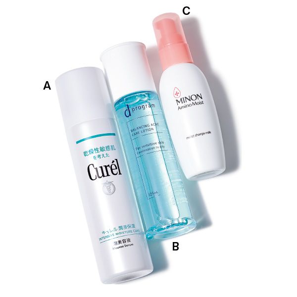 【A】キュレル 潤浸保湿 泡美容液 【B】d プログラム バランス＆アクネケア ローション EX 【C】ミノン アミノモイスト モイストチャージ ミルク