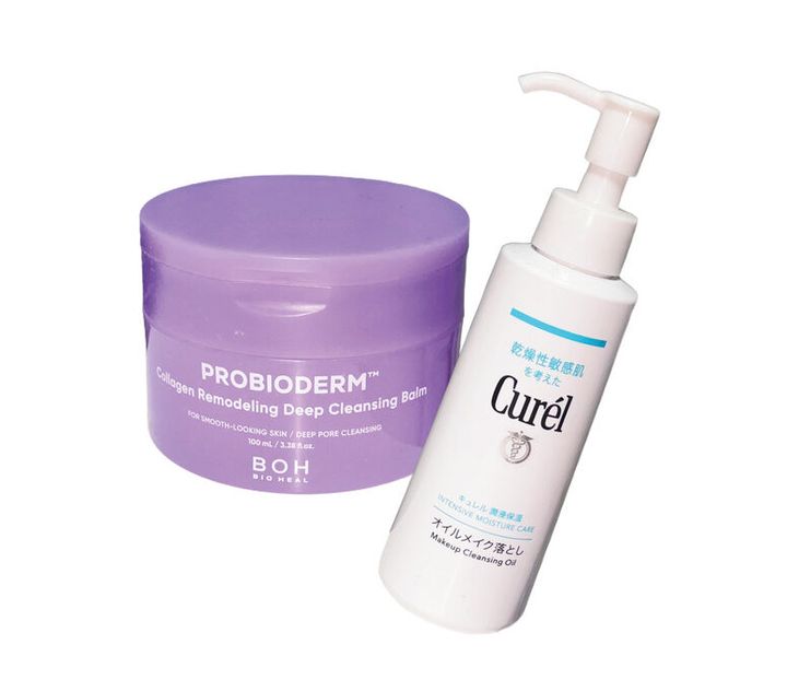 左から：BIO HEAL BOHのCollagen Remodeling Deep Cleansing Balm、キュレルのオイルメイク落とし