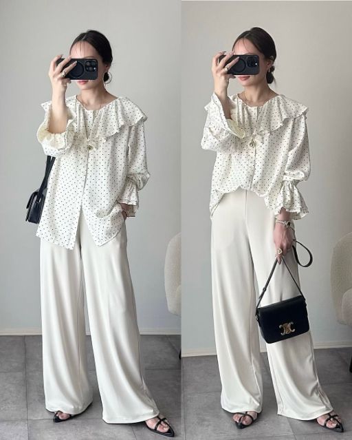 クレープジャージーストレートパンツを着たコーデ