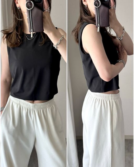 エアリズムソフトリブTシャツノースリーブを着たコーデ