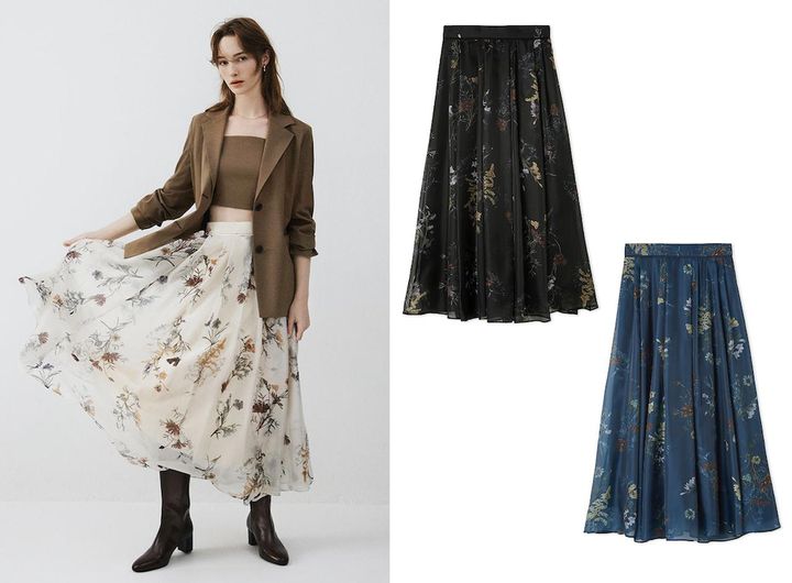 画像: ボタニカルプリントシアータックスカート（アイボリー / ブラック / ブルー）各¥23,100（すべてフレイ アイディー）
