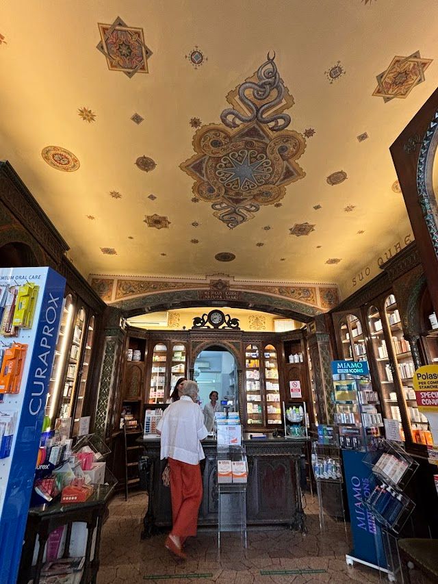 ヴァレーぜの薬局の中。天井には蛇が。薬局で蛇が描かれていることが多いのは、蛇は再生と治癒の象徴だから