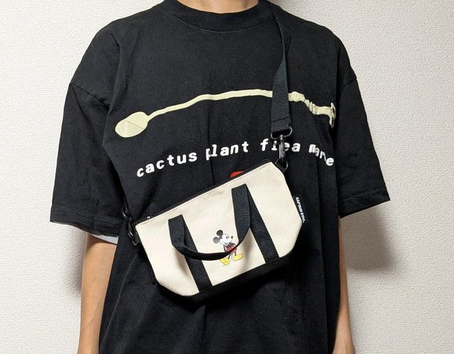 ショルダーポーチを斜め掛けした着用カット