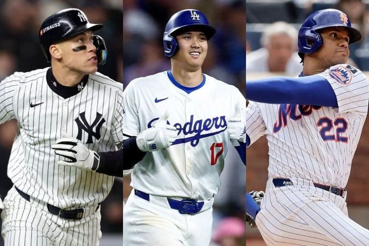 アーロン・ジャッジ（左から）、大谷翔平、フアン・ソト（C）Getty Images