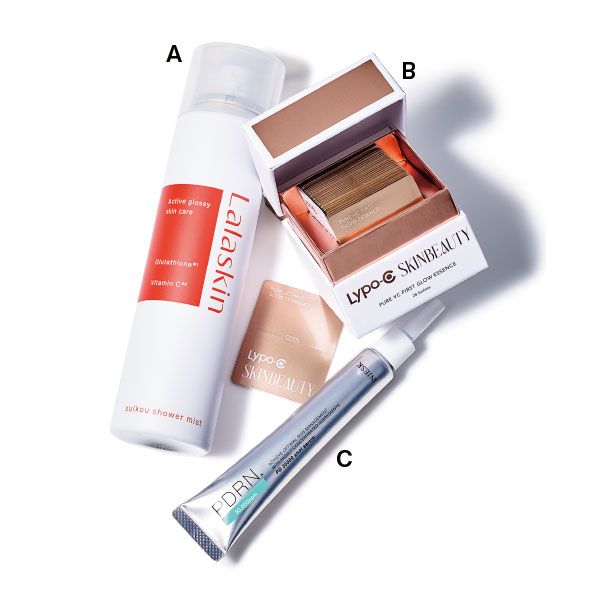 【A】Lalaskin 水光シャワーミスト 【B】Lypo-C SKINBEAUTY ピュアVC ファースト グロウエッセンス 【C】インジェスク PD30000 ショットセラム