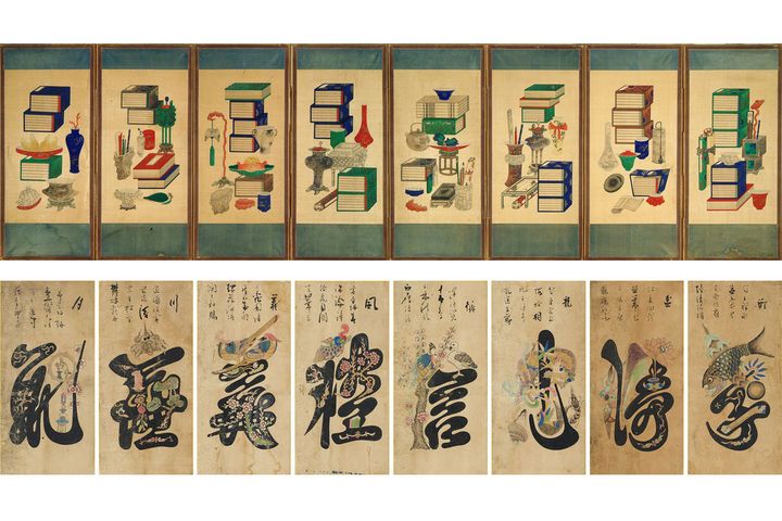 『朝鮮民画展』に展示される《チェッコリ（冊架図）八幅屏風》