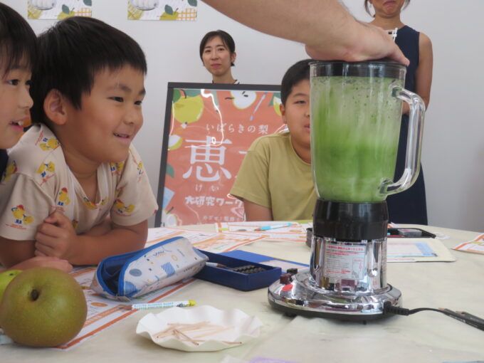 恵水に小松菜などを入れてスムージーを作る