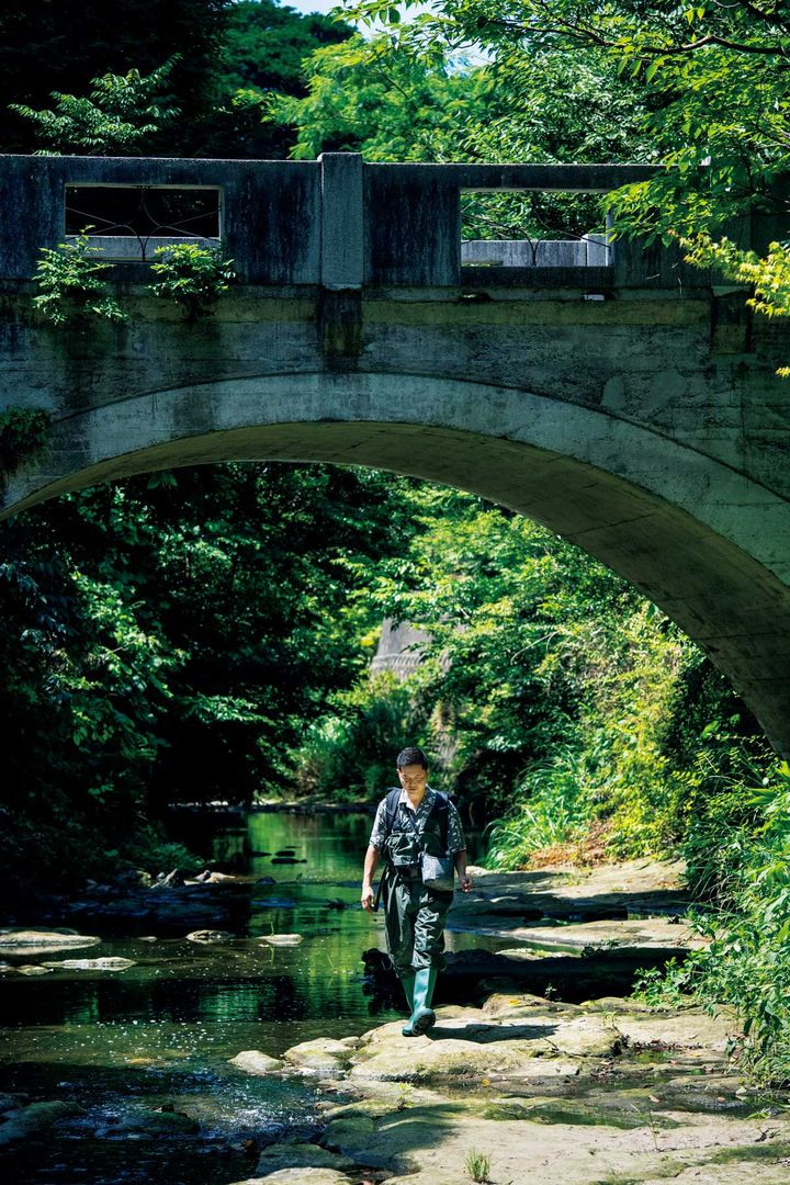 滑川を歩く横山さん