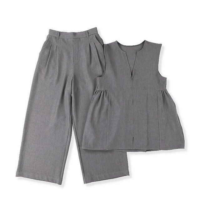 しまむらMUMUコラボのペプラムベストとワイドパンツセット