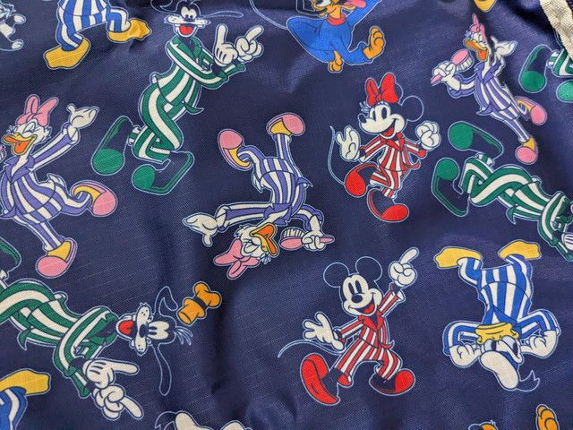 総柄デザインに描かれたミッキーやミニー、グーフィーたちのアップ