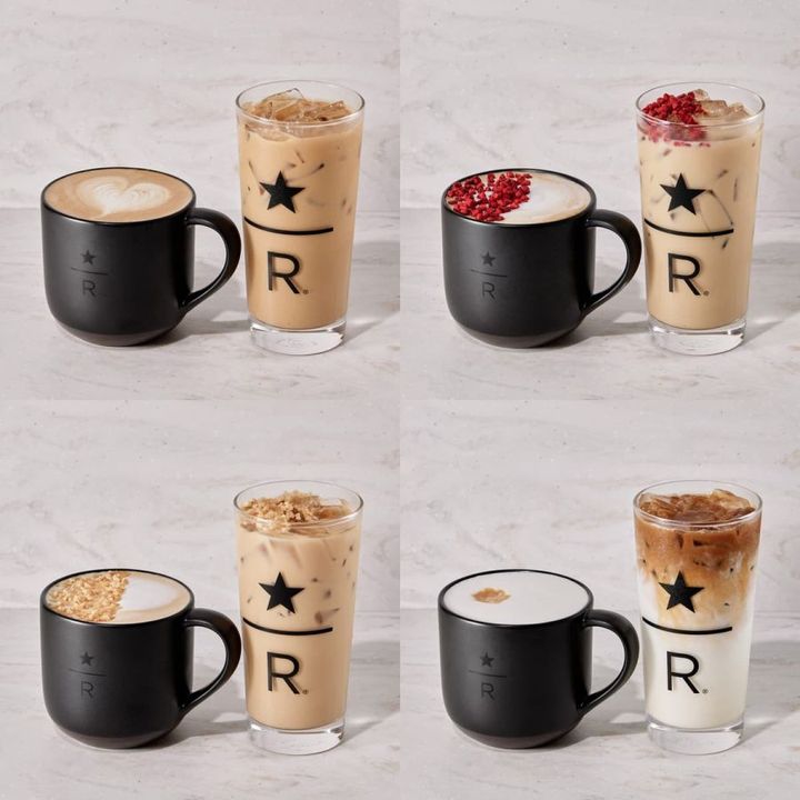 上段左から時計回りに「クラシック ダブル トール ラテ」、「ストロベリー ラベンダー ラテ」、「ショートブレッド ラテ」770円、「スターバックス リザーブ® スイート ミルク コーヒー」750円