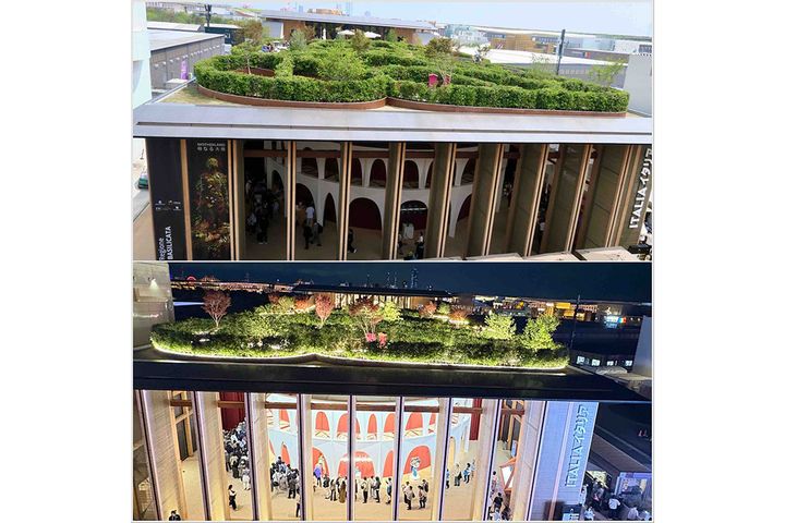 大屋根リング上からのイタリア館の景観。昼（上）も素敵ですが、夜（下）は屋上庭園と館内のポルティコのコントラストが美しいです！