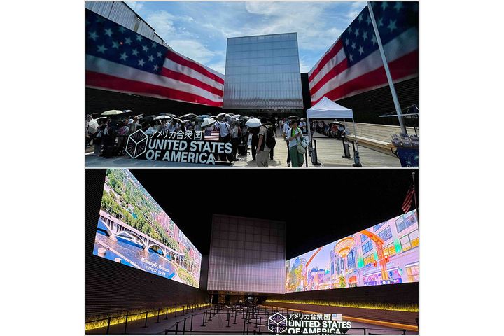 2面の大型LEDスクリーンに挟まれた広場が渓谷のよう。ダイナミックなアメリカ館の映像も昼（上）と夜（下）で印象が変わります。