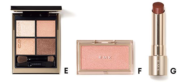 【E】シグニチャー カラー アイズ 15 【F】ピュア コンプレクション ブラッシュ 14 【G】ベルベットシーン リップカラー 01