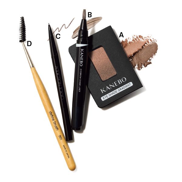 【A】KANEBO アイシェイド グラディエント EG2 【B】KANEBO アイブロウ シェイドライナー SL1 【C】ADDICTION ザ アイブロウペンシル マイクロ Taupe 【D】define brush スクリューブラシ 001