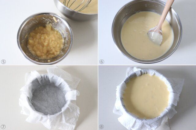 バナナを潰していれ、生地を型に流し入れる。