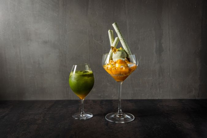 博多阪急「パン・スイーツフェスティバル」八女茶のエスプーマと貴醸酒のパッション 利休ハイボール 日本茶とマンゴーのティラミスパフェ