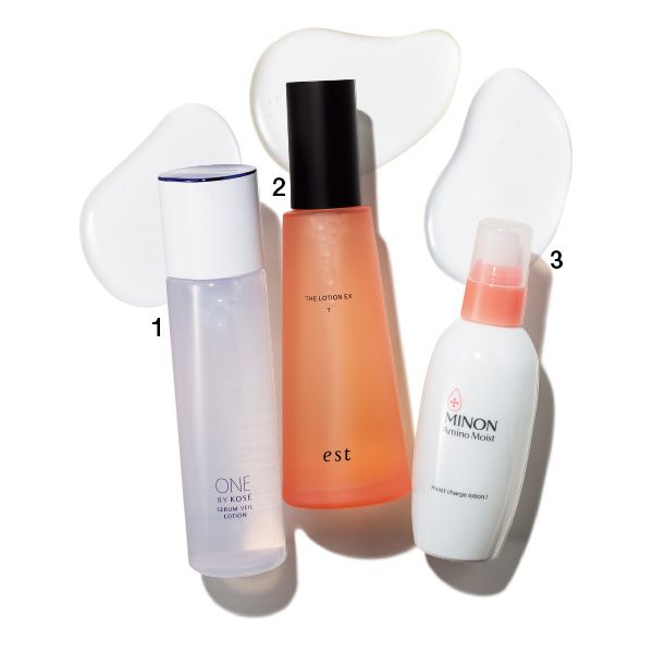 【1】ONE BY KOSÉ セラムヴェール ローション 【2】エスト ザ ローション EX T 【3】ミノン アミノモイスト モイストチャージ ローション