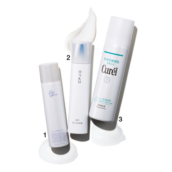 【1】HAKU メラノフォーカスIV 【2】SkinAmure SA TAブライト 【3】キュレル 潤浸保湿 泡美容液