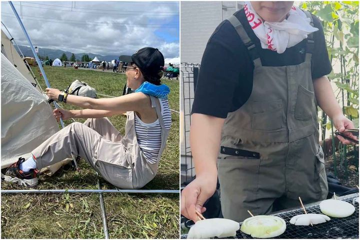 画像: （左）強風のなか、砂まみれになりながらの慣れない汗だくテント設営作業にも、（右）炭で火をおこしながらのBBQにも、『ワークマン』のガーデニングサロペット着用なら汚れを気にせず集中できる！