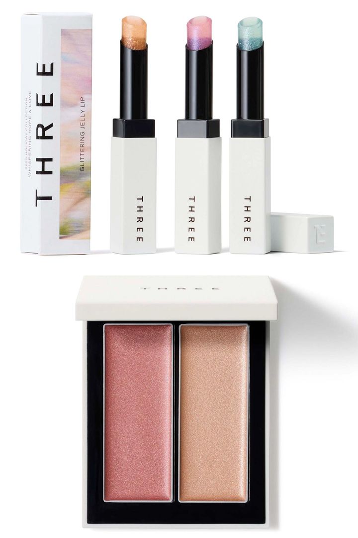 〈上左から〉グリタリングジェリーリップ X01、X02、X03 各￥4,290 〈下〉シマリング グロー デュオ R X01 ￥4,950（すべて10月29日より限定発売）