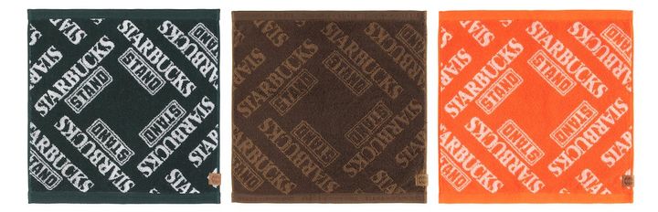 「STARBUCKS STAND by BEAMS LOGO ハンドタオル」2420円 カラー：左から グリーン、ブラウン、オレンジ サイズ：W34 × H35cm